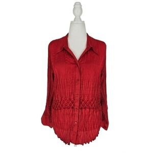 Lane Bryant Button Down Shirt Women 18/20 Red Crinkle Textured Long Sleeve Blous